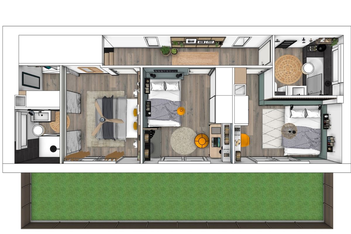 maison-contenair-vue-3d Plan après aménagement maison contenair
